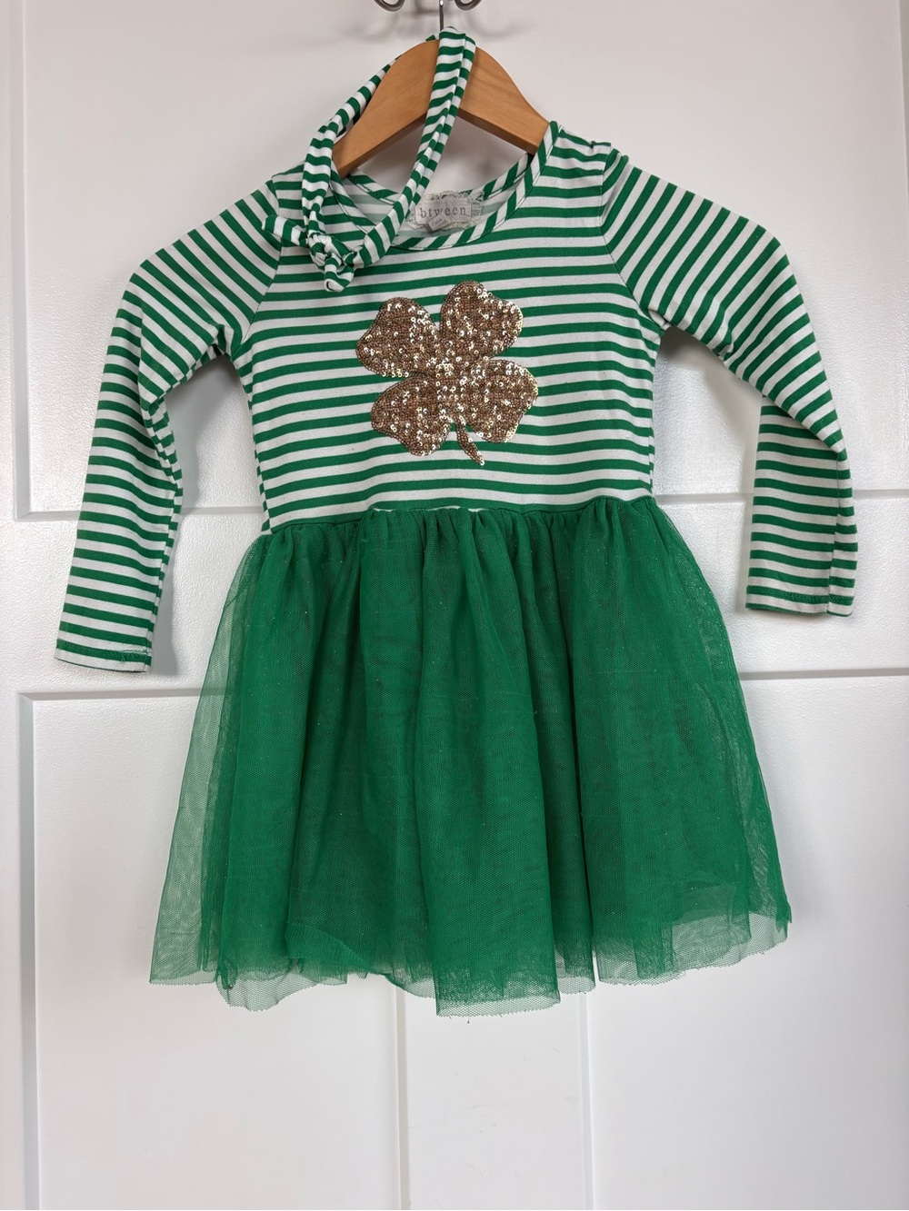 Btween St. Patrick’s Day Green & White Striped Dress with Tulle & Headband S: 4T